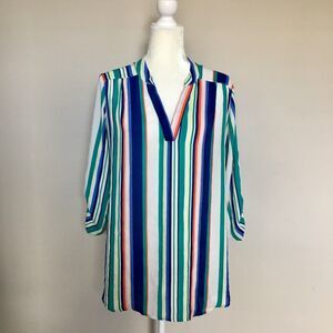 Liberty Love Large Blue Green White Striped Tunic 3/4 Roll Tab Sleeve Top Blouse